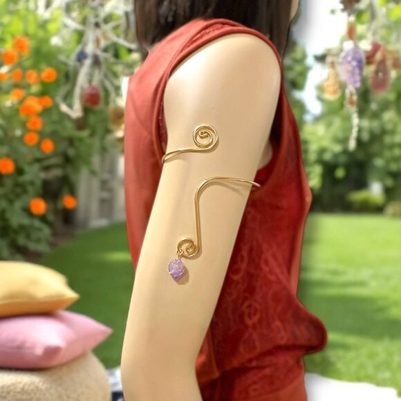 Gold Wire Wrap Upper Arm Cuff Purple Amethyst Stone Bracelet NEW - Picture 1 of 3